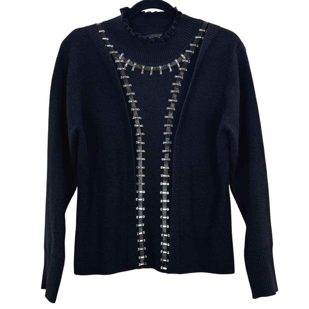 Gizel Black‎ Mock Neck Sweater M/L Satin Ribbon & Metal Link Detail